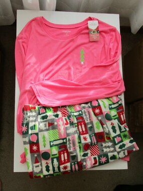 North Pole Trading Fleece & Jersey Pajamas - Christmas theme print pink/green